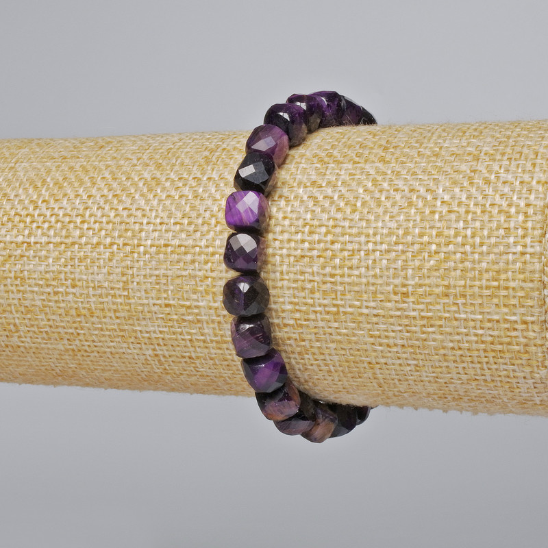 Bracelet œil-de-chat violet, cubes facettés, diamètre 7 mm ±, longueur 18 cm ± (élastique)