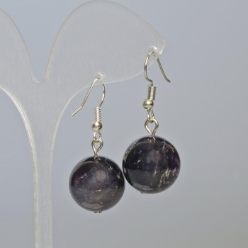 Boucles d'oreilles en améthyste naturelle, billes lisses, diamètre 16 mm ±, longueur 38 mm ±