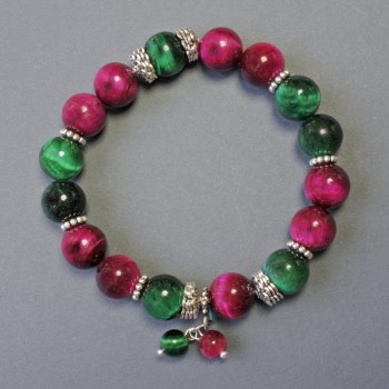 Bracelet en pierre naturelle œil de chat, billes lisses de diamètre environ 10 mm, avec inserts métalliques, longueur environ 18 cm, élastique