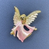 Broche Ange avec strass blancs et roses, couleur rose et blanc, métal doré, 31×43 mm+