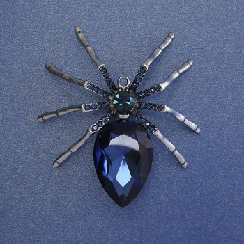 Broche araignée, cristal bleu, strass bleus, 65 mm ± métal argenté