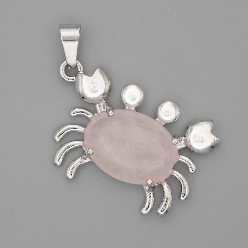 Pendentif Crabe en quartz rose 40 × 22 mm (±) métal argenté