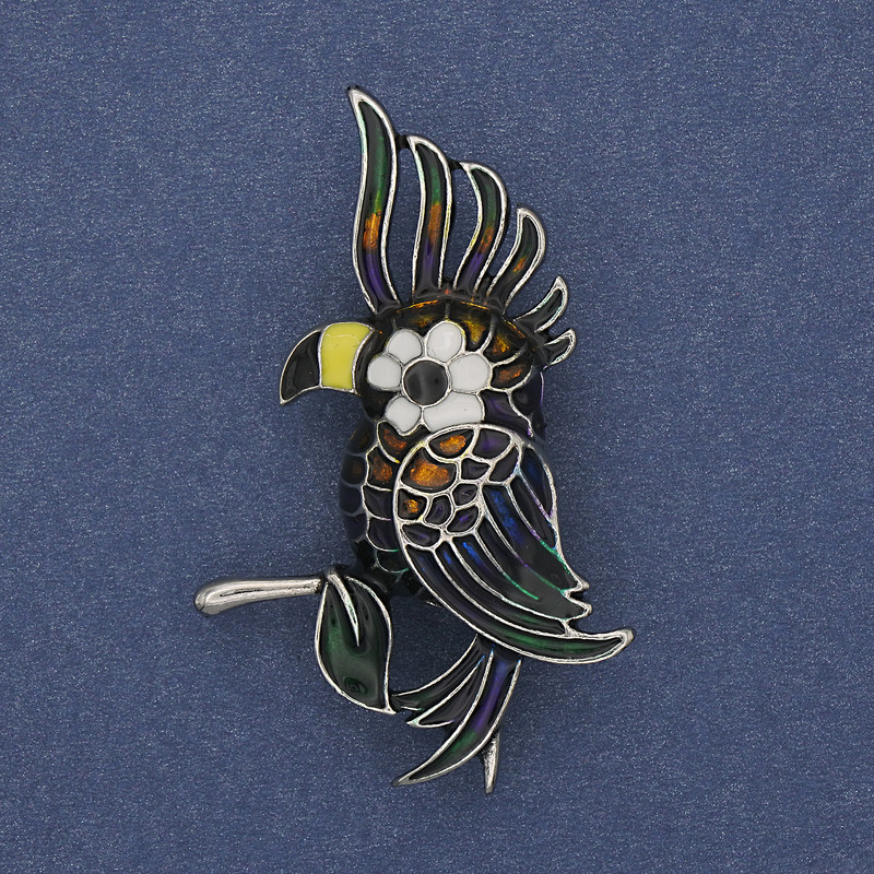 Broche perroquet couleur émail argenté métal 51×31 mm+