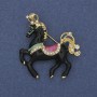 Broche Cheval noir émail, strass blancs, métal doré, 39×40 mm+