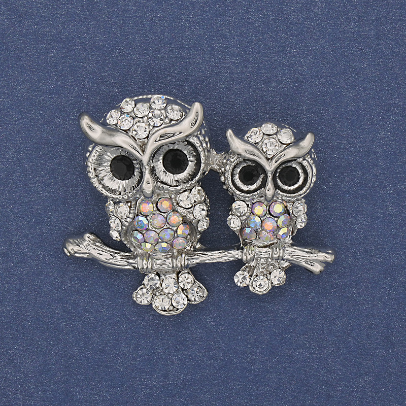 Broche-pendante chouette à strass argenté 37x29 mm+