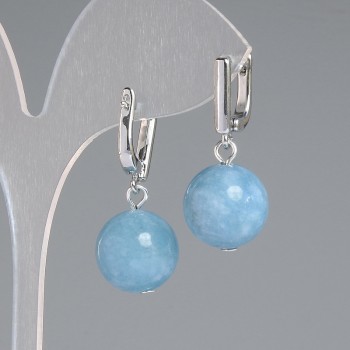Boucles d'oreilles en aigue-marine, pierre naturelle, boule lisse, diamètre 14 mm ±, longueur 32 mm ±, métal argenté