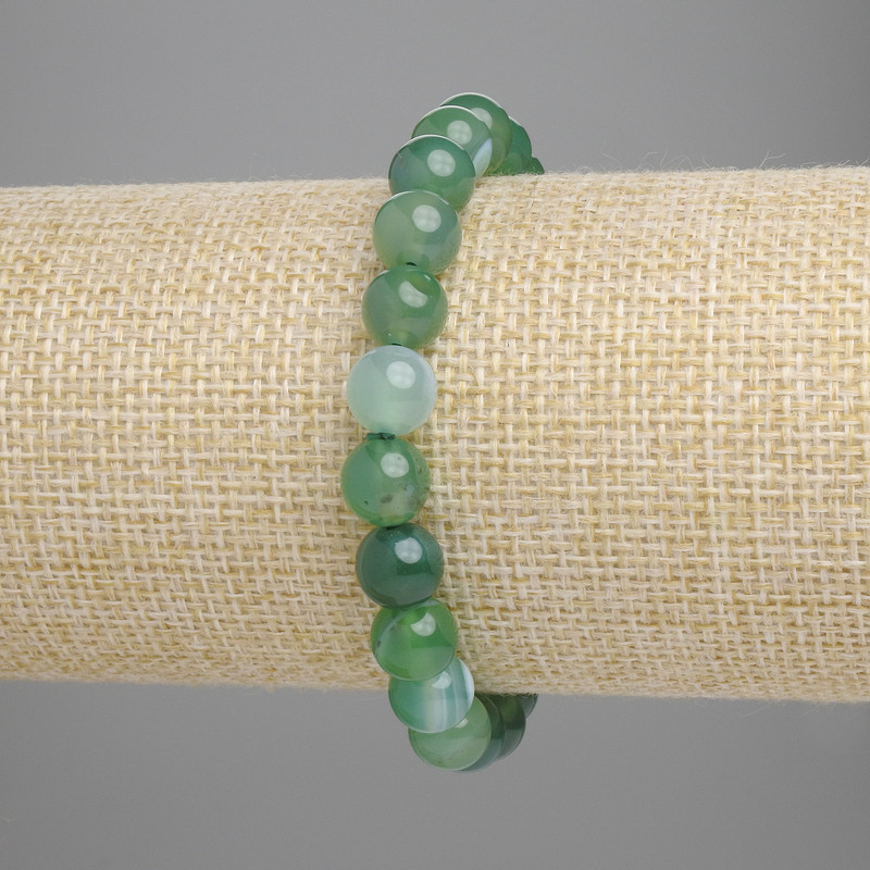 Bracelet en agate verte, boules lisses, diamètre 8 mm ±, longueur 18 cm ±, élastique