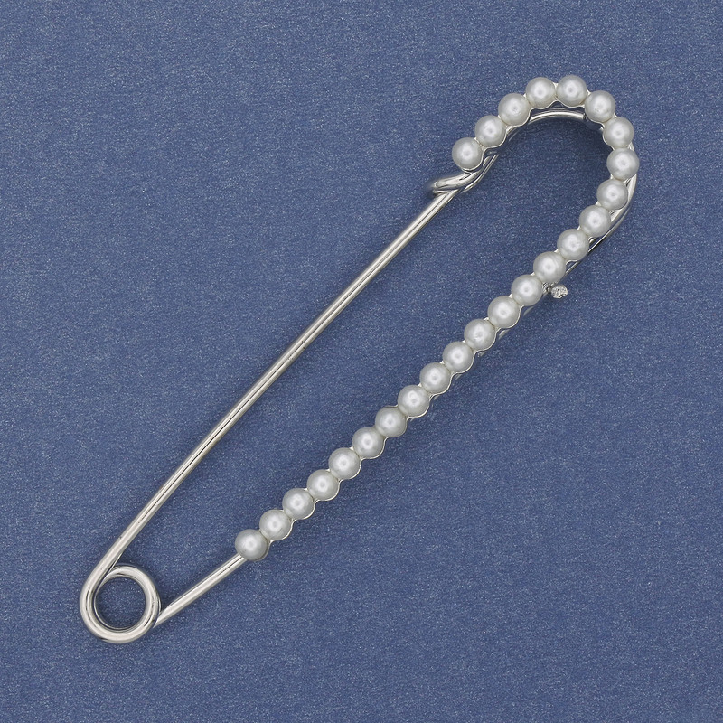Broche-épingle avec perles blanches 70 × 16 mm ± métal argenté