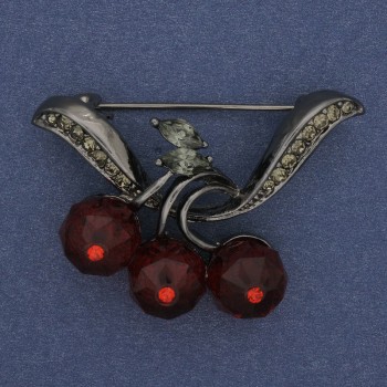 Broche Cerises - cristaux rouges et strass, couleur argent foncé, 42×25 mm+
