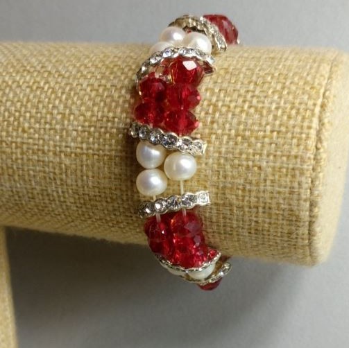 Bracelet en perles d'eau douce et cristal tchèque, longueur 18 cm, élastique