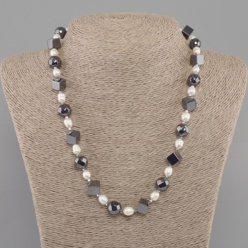 Collier de perles d'eau douce de rivière 7-8×6 mm, hématite – boules facettées de 10 mm et cubes de 8 mm, longueur 50 cm ±