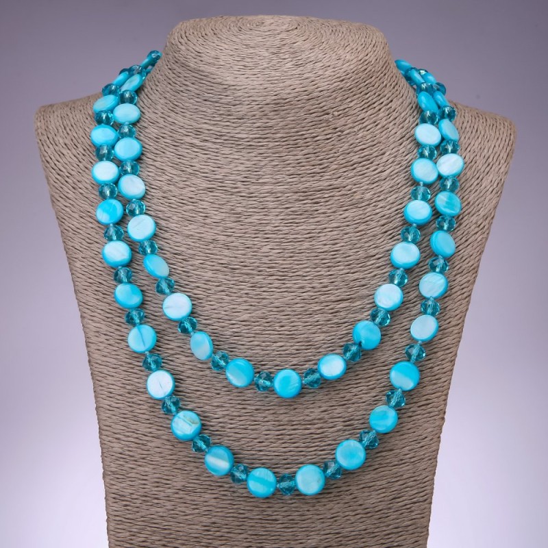Collier long en nacre bleu clair, perles-disques, 120 cm