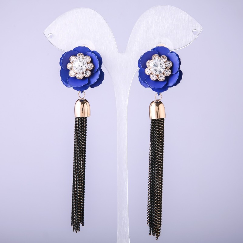 Boucles d'oreilles Kititsi fleur bleue en chaînes, longueur 90 mm