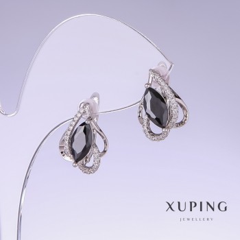 Boucles d'oreilles Xuping avec zircons noirs, longueur 16 mm, épaisseur 11 mm, rhodié