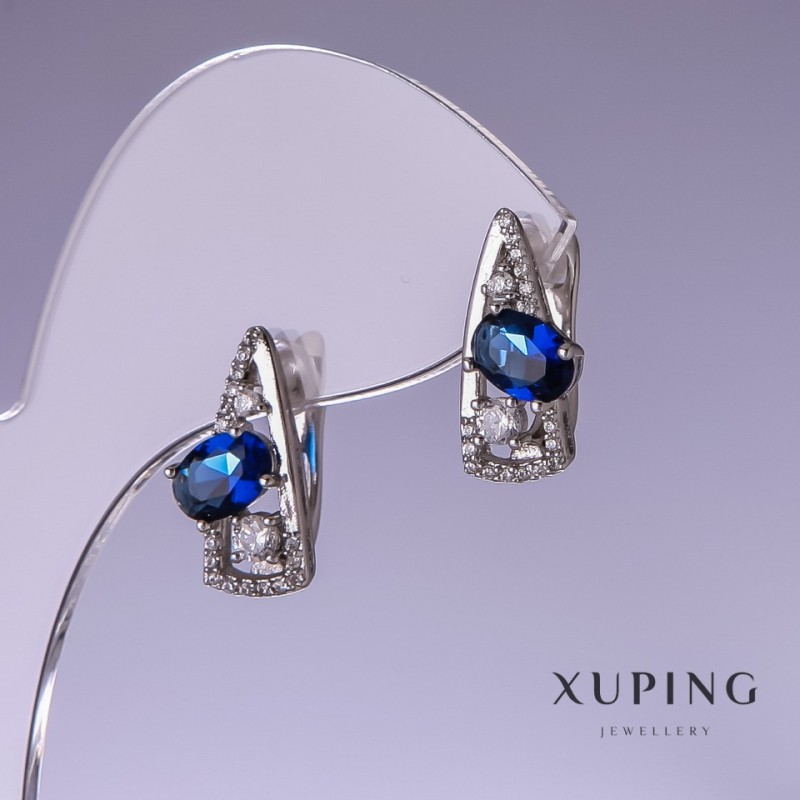 Boucles d'oreilles Xuping avec zircons bleus 17x8 mm rhodium