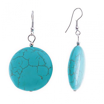 Boucles d'oreilles pendantes avec cabochons ronds en forme de pièces turquoise veiné, 53 × 28 mm