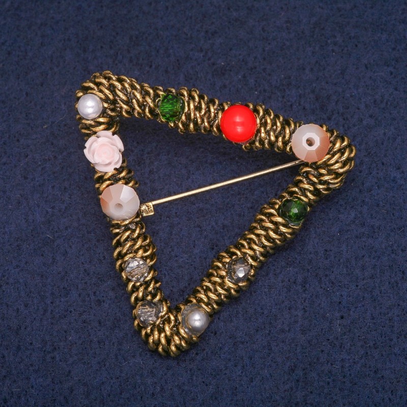 Broche géométrique avec perles assorties, couleur doré vieilli, 42×47 mm