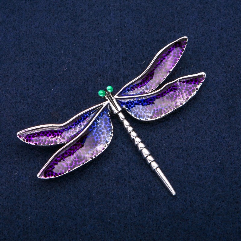 Broche Libellule émail violet, métal argenté 47 × 76 mm