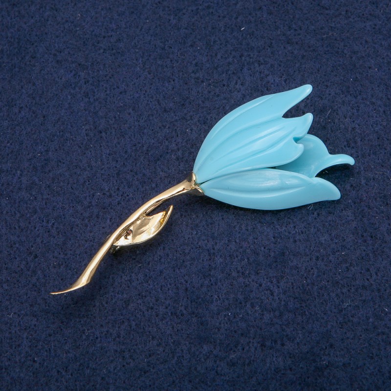 Broche «Fleur émaillée bleue», métal doré 30×72 mm