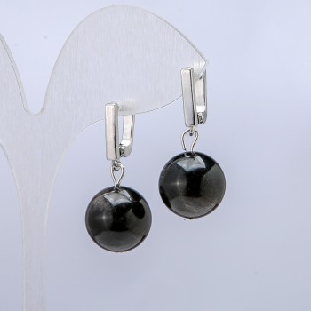 Boucles d'oreilles en obsidienne argentée, diamètre 14 mm ±, longueur 32 mm ±