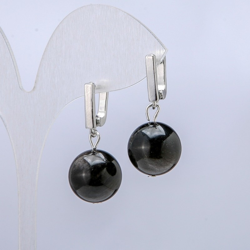 Boucles d'oreilles en obsidienne argentée, diamètre 14 mm ±, longueur 32 mm ±