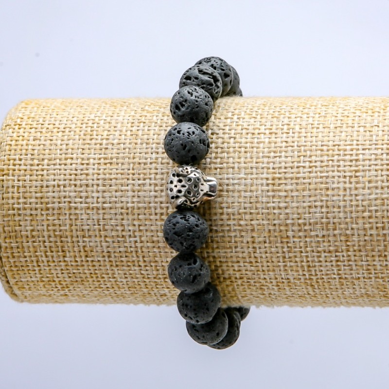 Bracelet élastique en lave, diamètre d'environ 10 mm ± avec élément en forme de léopard