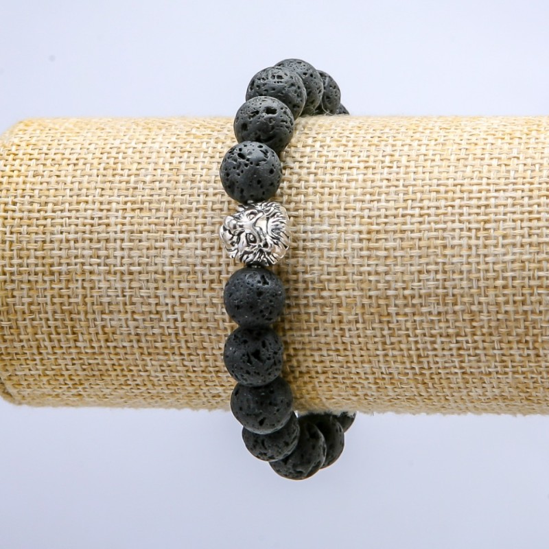 Bracelet élastique en lave, diamètre 10 mm ± avec un lion