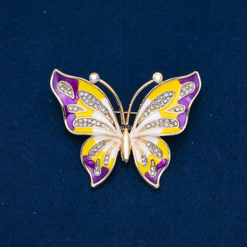 Broche Papillon émaillé, strass blancs, métal doré 54 × 43 mm +