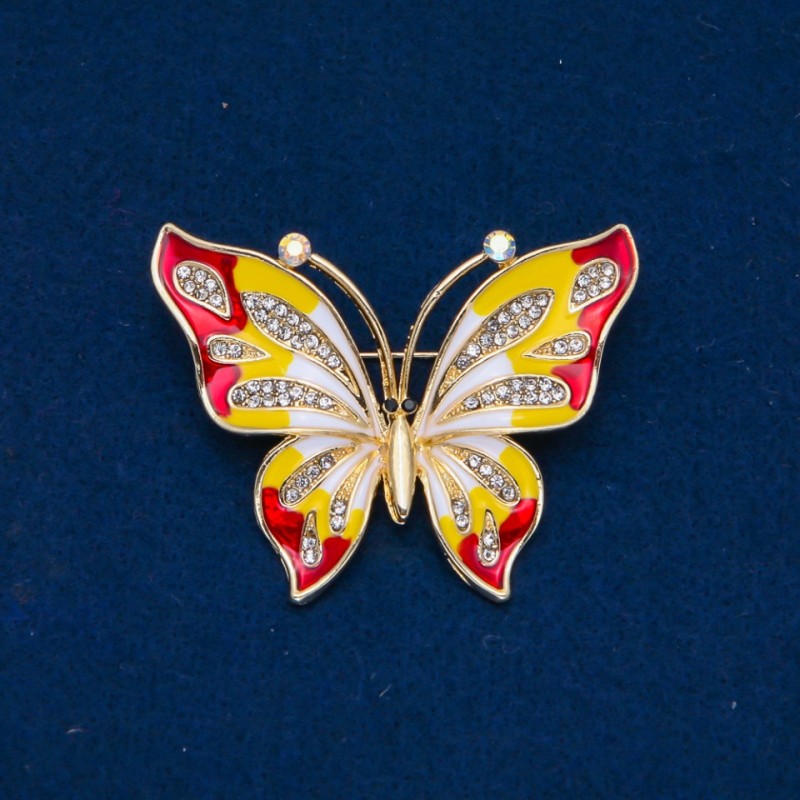 Broche Papillon émaillé, strass blancs, métal doré 54 × 43 mm +
