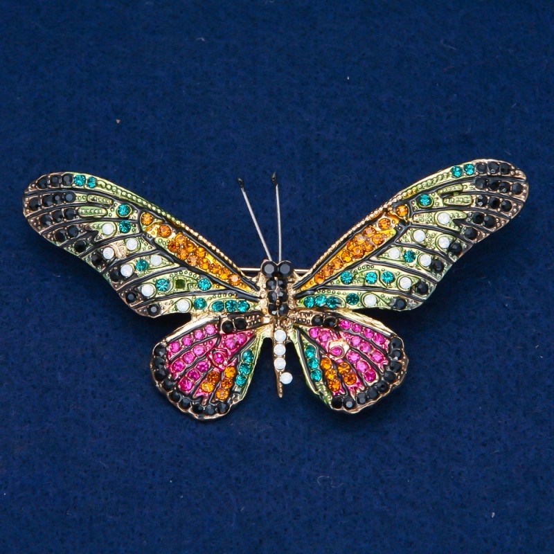 Broche Papillon en métal doré, strass multicolores 42×82 mm +