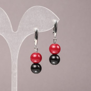 Boucles d'oreilles en corail artificiel et agate — boules lisses, diamètre 10 mm ±, longueur 40 mm ±