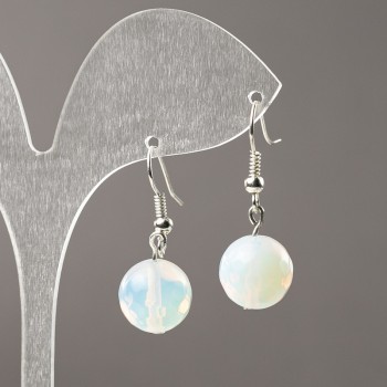 Boucles d'oreilles pierre de lune synthétique, boule facettée, diamètre 12 mm ±, longueur 34 mm ±