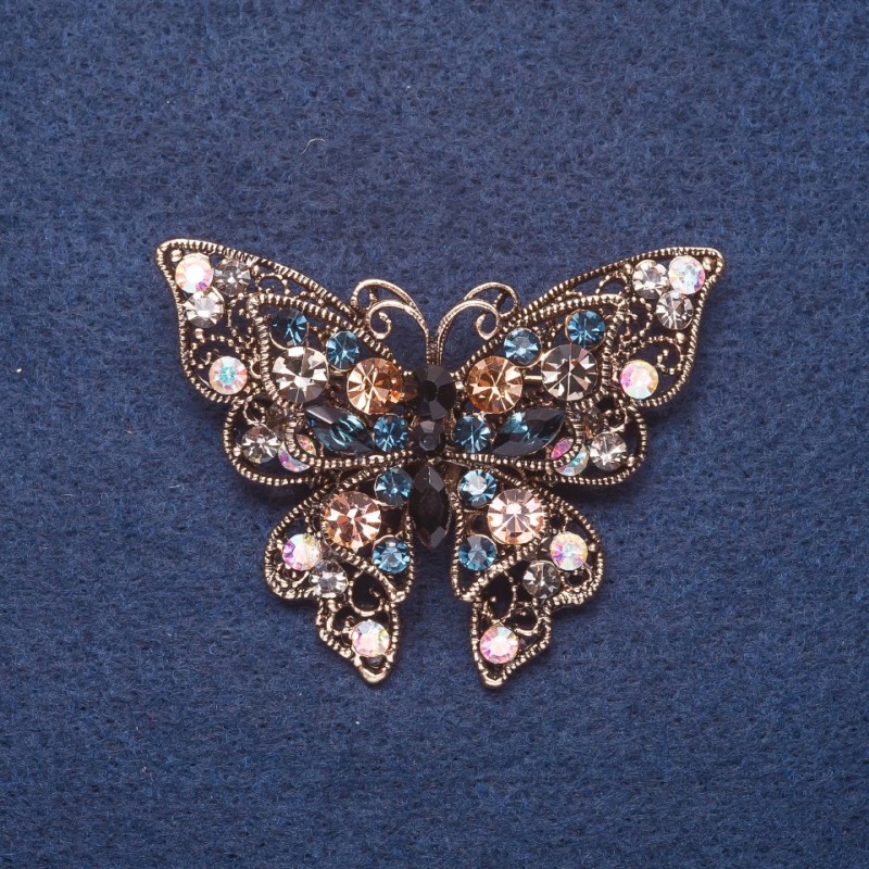 Broche «Papillon» avec de grands strass multicolores, couleur métal doré, 4×5,5 cm