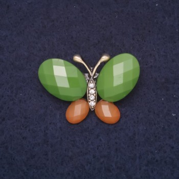 Broche papillon 31 × 21 mm, strass et pierres vertes et brunes, métal doré