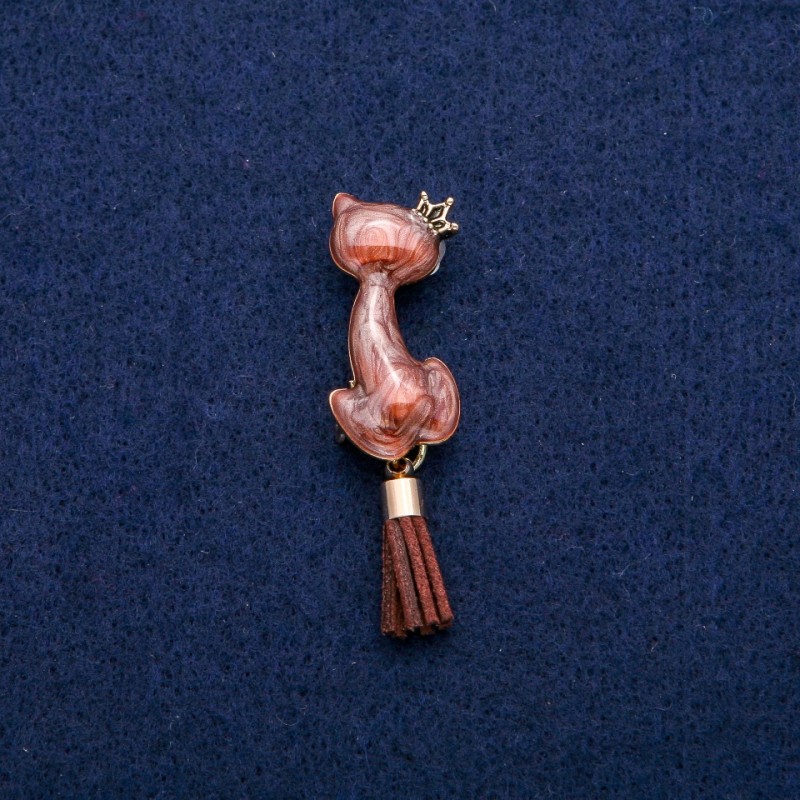 Broche Chat en émail et queue en pinceau, 14 × 50 mm, métal doré