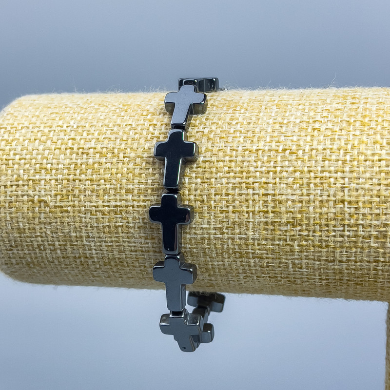 Bracelet en hématite Croix, diamètre 14 × 10 mm, longueur 18 cm (élastique)
